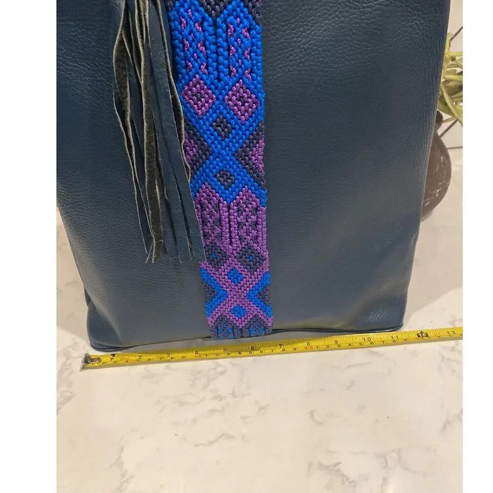 Sarahí blue tribal accent tassel backpack bohemian indigenous faux leather
